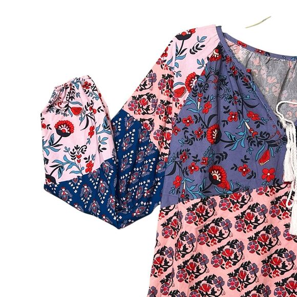 Patchwork Boho Blouse Women's Sz XL Floral Hippie Navy Multi Peasant Fall Colors - Picture 9 of 11